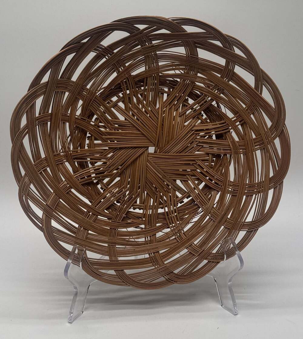 Vintage Hand Woven Wicker Rattan Shallow Basket Boho 12 inch